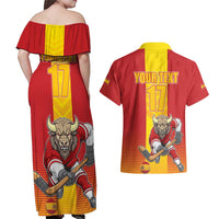 Custom Spain Field Hockey Couples Matching Off Shoulder Maxi Dress and Hawaiian Shirt Sporty Style with Bull Mascot