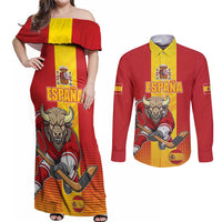 Custom Spain Field Hockey Couples Matching Off Shoulder Maxi Dress and Long Sleeve Button Shirt Sporty Style with Bull Mascot
