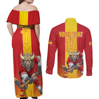 Custom Spain Field Hockey Couples Matching Off Shoulder Maxi Dress and Long Sleeve Button Shirt Sporty Style with Bull Mascot