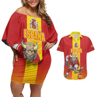 Custom Spain Field Hockey Couples Matching Off Shoulder Short Dress and Hawaiian Shirt Sporty Style with Bull Mascot