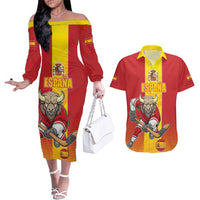 Custom Spain Field Hockey Couples Matching Off The Shoulder Long Sleeve Dress and Hawaiian Shirt Sporty Style with Bull Mascot