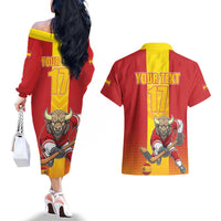 Custom Spain Field Hockey Couples Matching Off The Shoulder Long Sleeve Dress and Hawaiian Shirt Sporty Style with Bull Mascot