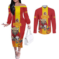 Custom Spain Field Hockey Couples Matching Off The Shoulder Long Sleeve Dress and Long Sleeve Button Shirt Sporty Style with Bull Mascot