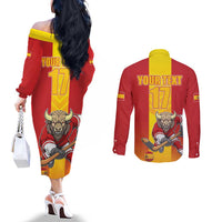 Custom Spain Field Hockey Couples Matching Off The Shoulder Long Sleeve Dress and Long Sleeve Button Shirt Sporty Style with Bull Mascot
