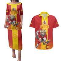 Custom Spain Field Hockey Couples Matching Puletasi and Hawaiian Shirt Sporty Style with Bull Mascot
