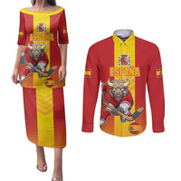 Custom Spain Field Hockey Couples Matching Puletasi and Long Sleeve Button Shirt Sporty Style with Bull Mascot