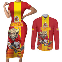 Custom Spain Field Hockey Couples Matching Short Sleeve Bodycon Dress and Long Sleeve Button Shirt Sporty Style with Bull Mascot