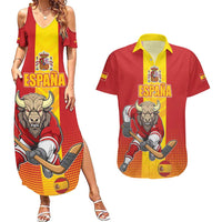 Custom Spain Field Hockey Couples Matching Summer Maxi Dress and Hawaiian Shirt Sporty Style with Bull Mascot