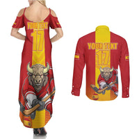 Custom Spain Field Hockey Couples Matching Summer Maxi Dress and Long Sleeve Button Shirt Sporty Style with Bull Mascot