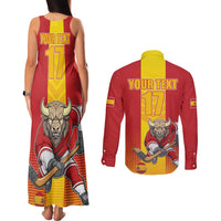 Custom Spain Field Hockey Couples Matching Tank Maxi Dress and Long Sleeve Button Shirt Sporty Style with Bull Mascot