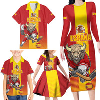 Custom Spain Field Hockey Family Matching Long Sleeve Bodycon Dress and Hawaiian Shirt Sporty Style with Bull Mascot