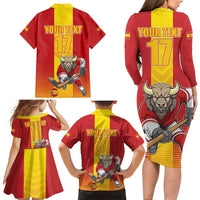 Custom Spain Field Hockey Family Matching Long Sleeve Bodycon Dress and Hawaiian Shirt Sporty Style with Bull Mascot