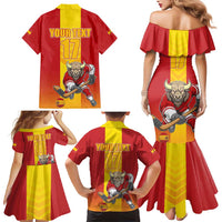 Custom Spain Field Hockey Family Matching Mermaid Dress and Hawaiian Shirt Sporty Style with Bull Mascot