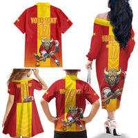 Custom Spain Field Hockey Family Matching Off The Shoulder Long Sleeve Dress and Hawaiian Shirt Sporty Style with Bull Mascot