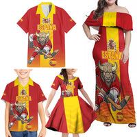 Custom Spain Field Hockey Family Matching Off Shoulder Maxi Dress and Hawaiian Shirt Sporty Style with Bull Mascot