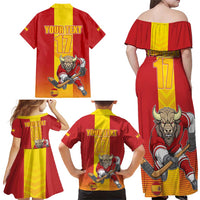 Custom Spain Field Hockey Family Matching Off Shoulder Maxi Dress and Hawaiian Shirt Sporty Style with Bull Mascot