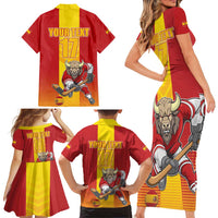 Custom Spain Field Hockey Family Matching Short Sleeve Bodycon Dress and Hawaiian Shirt Sporty Style with Bull Mascot