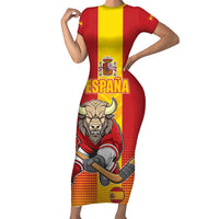Custom Spain Field Hockey Family Matching Short Sleeve Bodycon Dress and Hawaiian Shirt Sporty Style with Bull Mascot