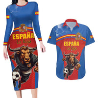 Custom Spain Football Go Champions Couples Matching Long Sleeve Bodycon Dress and Hawaiian Shirt Sporty Style with Bull Mascot