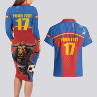 Custom Spain Football Go Champions Couples Matching Long Sleeve Bodycon Dress and Hawaiian Shirt Sporty Style with Bull Mascot