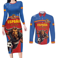 Custom Spain Football Go Champions Couples Matching Long Sleeve Bodycon Dress and Long Sleeve Button Shirt Sporty Style with Bull Mascot