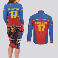 Custom Spain Football Go Champions Couples Matching Long Sleeve Bodycon Dress and Long Sleeve Button Shirt Sporty Style with Bull Mascot