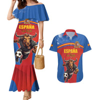 Custom Spain Football Go Champions Couples Matching Mermaid Dress and Hawaiian Shirt Sporty Style with Bull Mascot