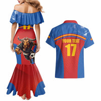 Custom Spain Football Go Champions Couples Matching Mermaid Dress and Hawaiian Shirt Sporty Style with Bull Mascot