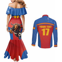 Custom Spain Football Go Champions Couples Matching Mermaid Dress and Long Sleeve Button Shirt Sporty Style with Bull Mascot