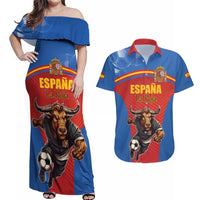 Custom Spain Football Go Champions Couples Matching Off Shoulder Maxi Dress and Hawaiian Shirt Sporty Style with Bull Mascot