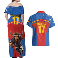 Custom Spain Football Go Champions Couples Matching Off Shoulder Maxi Dress and Hawaiian Shirt Sporty Style with Bull Mascot