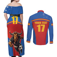 Custom Spain Football Go Champions Couples Matching Off Shoulder Maxi Dress and Long Sleeve Button Shirt Sporty Style with Bull Mascot