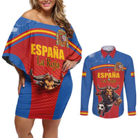 Custom Spain Football Go Champions Couples Matching Off Shoulder Short Dress and Long Sleeve Button Shirt Sporty Style with Bull Mascot