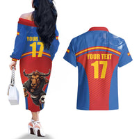 Custom Spain Football Go Champions Couples Matching Off The Shoulder Long Sleeve Dress and Hawaiian Shirt Sporty Style with Bull Mascot