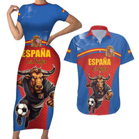 Custom Spain Football Go Champions Couples Matching Short Sleeve Bodycon Dress and Hawaiian Shirt Sporty Style with Bull Mascot