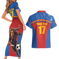 Custom Spain Football Go Champions Couples Matching Short Sleeve Bodycon Dress and Hawaiian Shirt Sporty Style with Bull Mascot