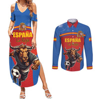 Custom Spain Football Go Champions Couples Matching Summer Maxi Dress and Long Sleeve Button Shirt Sporty Style with Bull Mascot