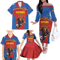 Custom Spain Football Go Champions Family Matching Off The Shoulder Long Sleeve Dress and Hawaiian Shirt Sporty Style with Bull Mascot