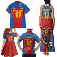 Custom Spain Football Go Champions Family Matching Tank Maxi Dress and Hawaiian Shirt Sporty Style with Bull Mascot