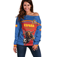 Custom Spain Football Go Champions Off Shoulder Sweater Sporty Style with Bull Mascot