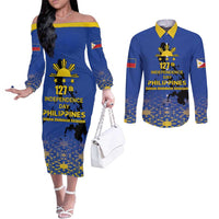 Philippines Independence Day Couples Matching Off The Shoulder Long Sleeve Dress and Long Sleeve Button Shirt Kalayaan Kinabukasan Kasaysayan