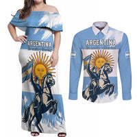 Personalized Argentina Flag Day 20th June Couples Matching Off Shoulder Maxi Dress and Long Sleeve Button Shirt Manuel Belgrano