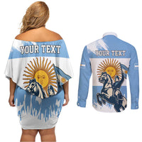 Personalized Argentina Flag Day 20th June Couples Matching Off Shoulder Short Dress and Long Sleeve Button Shirt Manuel Belgrano