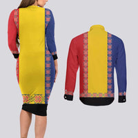 Romania National Flag Day 26th June Couples Matching Long Sleeve Bodycon Dress and Long Sleeve Button Shirt Red Traditional Embroidery Patterns