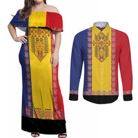 Romania National Flag Day 26th June Couples Matching Off Shoulder Maxi Dress and Long Sleeve Button Shirt Red Traditional Embroidery Patterns