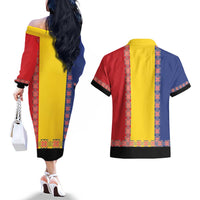 Romania National Flag Day 26th June Couples Matching Off The Shoulder Long Sleeve Dress and Hawaiian Shirt Red Traditional Embroidery Patterns