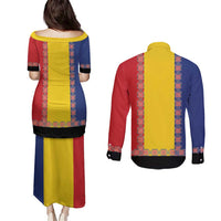 Romania National Flag Day 26th June Couples Matching Puletasi and Long Sleeve Button Shirt Red Traditional Embroidery Patterns