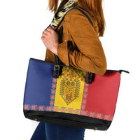 Romania National Flag Day 26th June Leather Tote Bag Red Traditional Embroidery Patterns