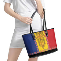 Romania National Flag Day 26th June Leather Tote Bag Red Traditional Embroidery Patterns