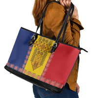 Romania National Flag Day 26th June Leather Tote Bag Red Traditional Embroidery Patterns